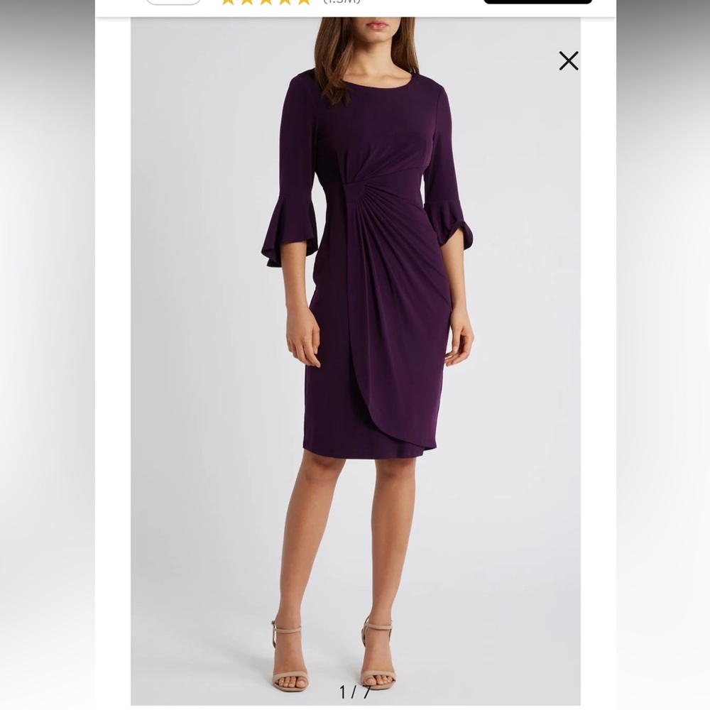 Connected Apparel Ruched Bell Sleeve Faux Wrap Dress in Aubergine